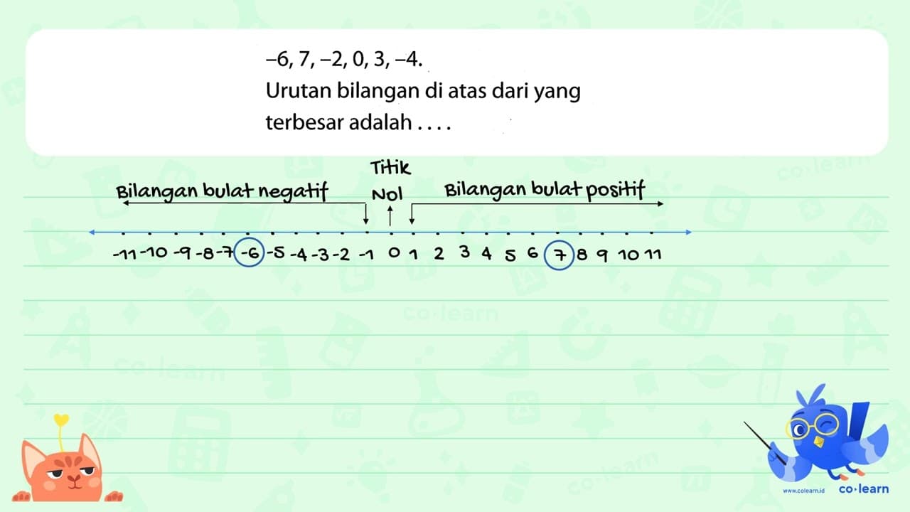 -6,7,-2,0,3,-4. Urutan bilangan di atas dari yang terbesar