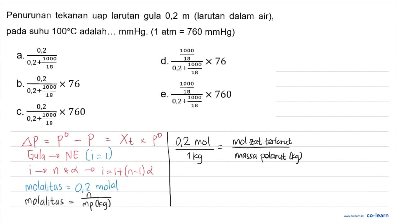 Penurunan tekanan uap larutan gula 0,2 m (larutan dalam