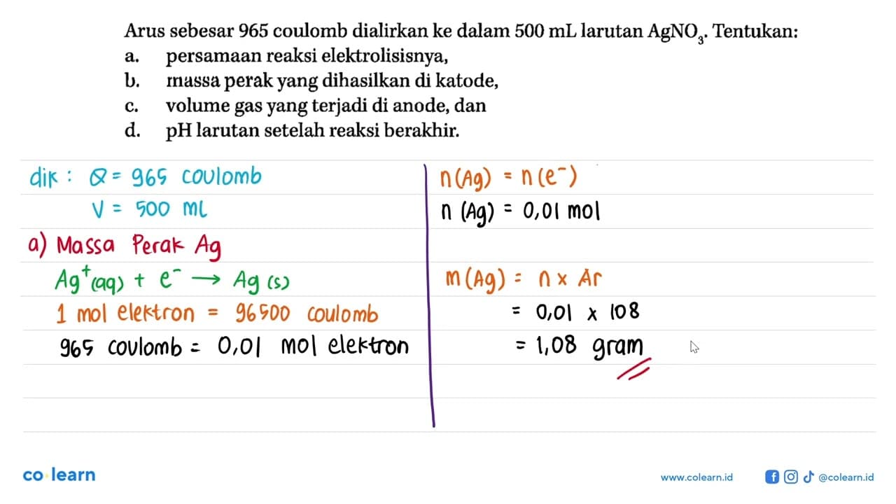 Arus sebesar 965 coulomb dialirkan ke dalam 500 mL larutan