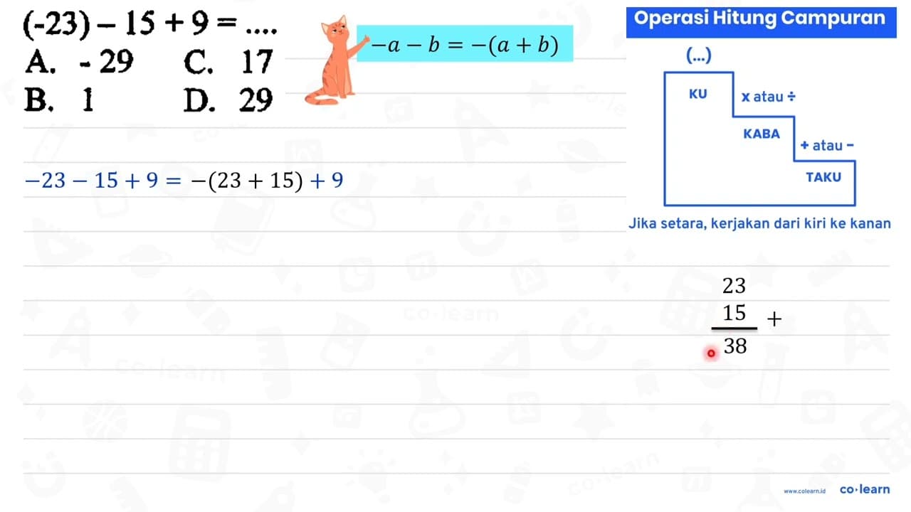 (-23)-15+9=... . A. -29 C. 17 B. 1 D. 29