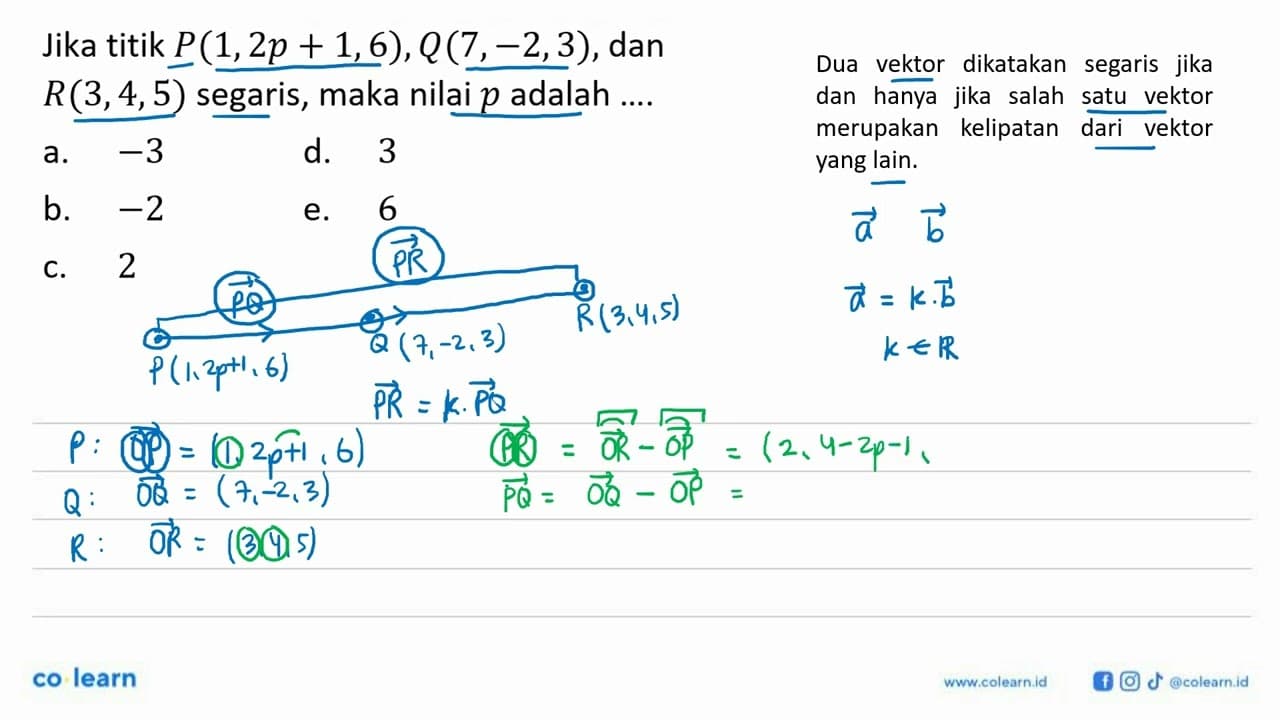 Jika titik P(1,2p + 1,6), Q(7,-2,3) , dan R(3,4,5) segaris,