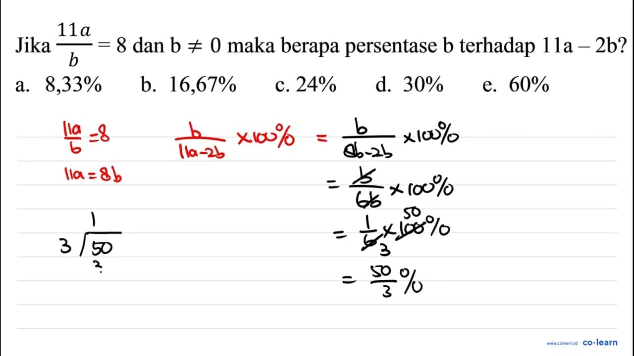 Jika (11 a)/(b)=8 dan b =/= 0 maka berapa persentase b