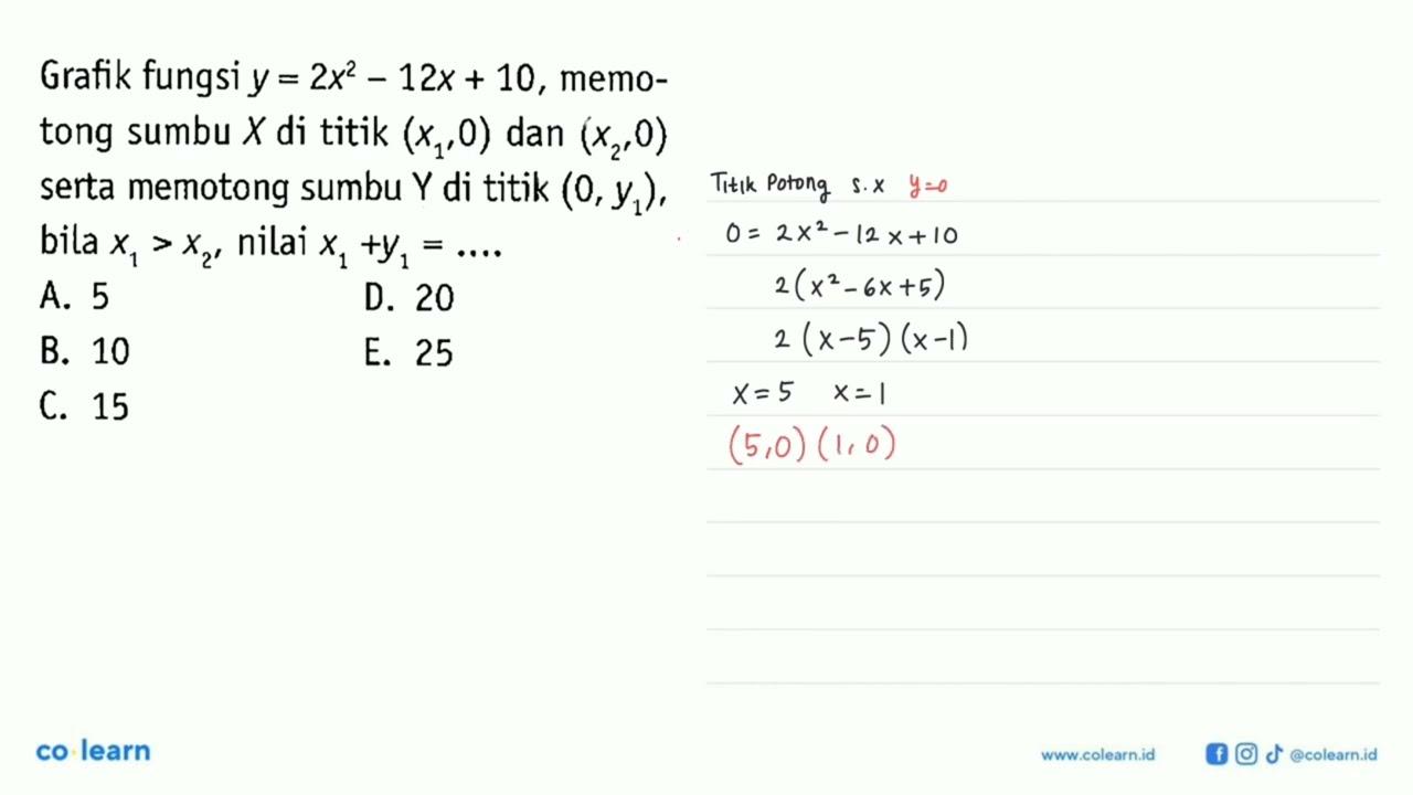 Grafik fungsi y=2x^2-12x+10, memotong sumbu X di titik (x1,