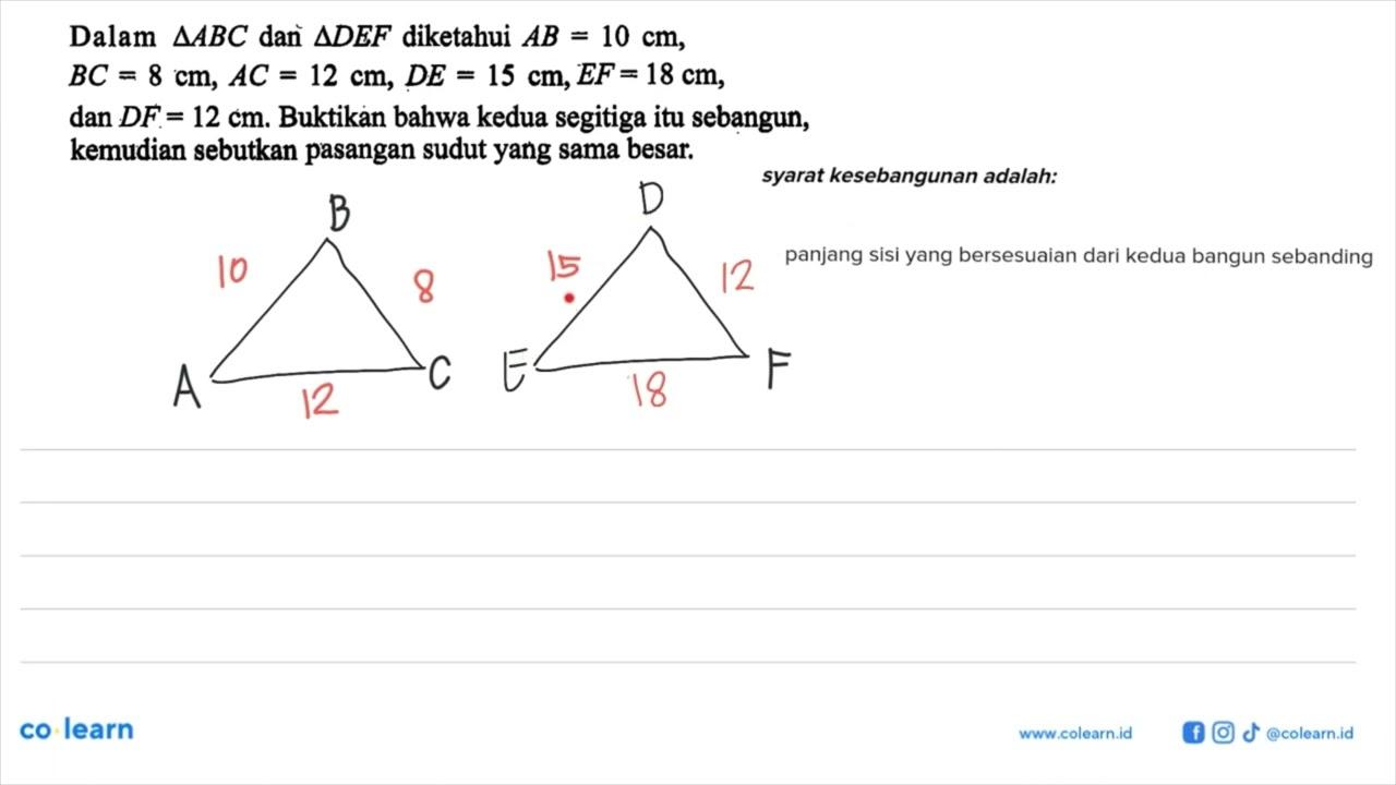 Dalam segitiga ABC dan segitiga DEF diketahui AB=10 cm,