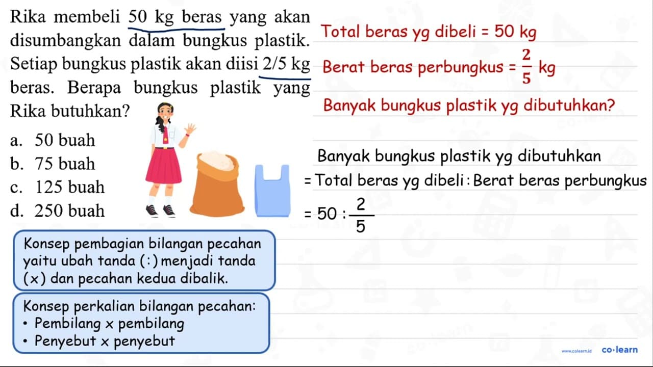 Rika membeli 50 kg beras yang akan disumbangkan dalam