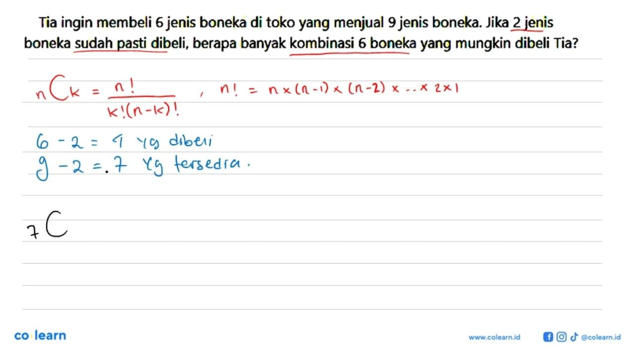 Tia ingin membeli 6 jenis boneka di toko yang menjual 9