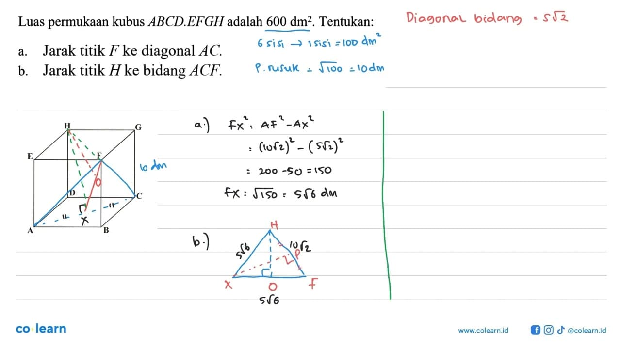 Luas permukaan kubus ABCD.EFGH adalah 600 dm^2. Tentukan: