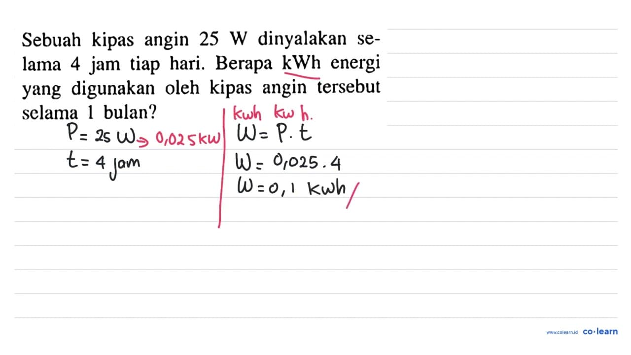 Sebuah kipas angin 25 W dinyalakan selama 4 jam tiap hari.