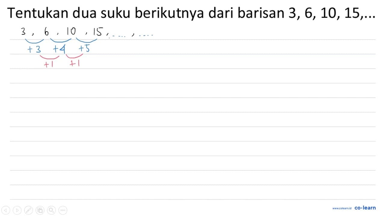 Tentukan dua suku berikutnya dari barisan 3,6,10,15, ...