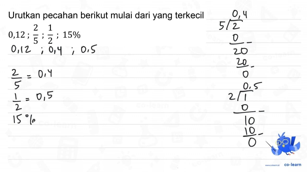 Urutkan pecahan berikut mulai dari yang terkecil 0, 12 ;