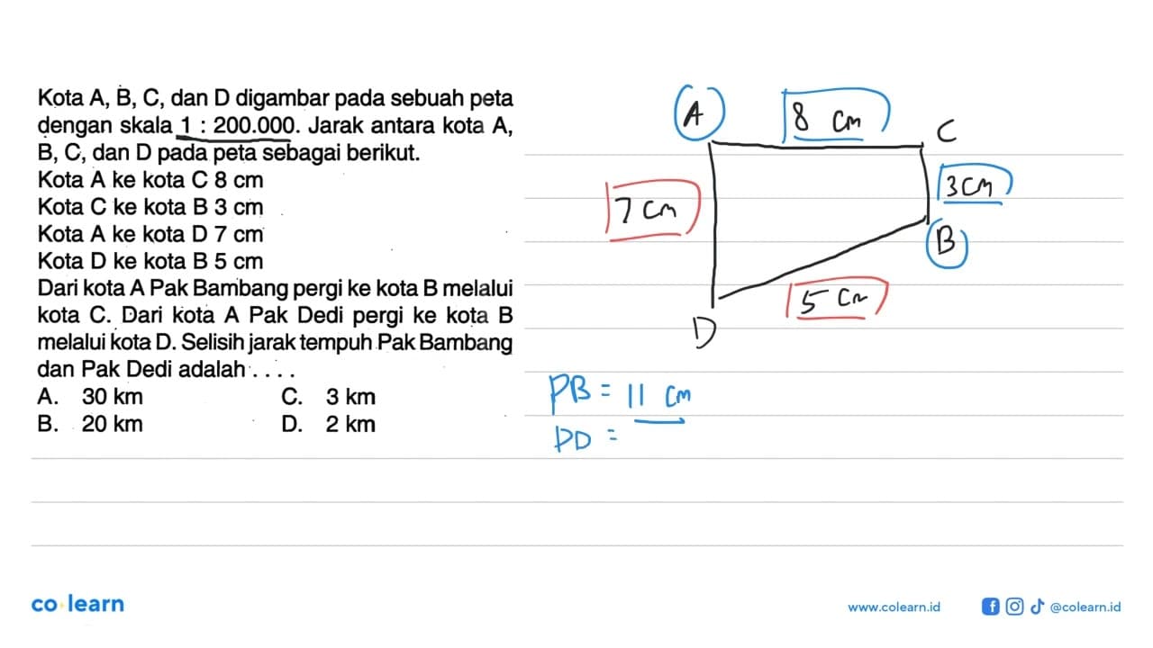 Kota A, B, C, dan D digambar pada sebuah peta dengan skala