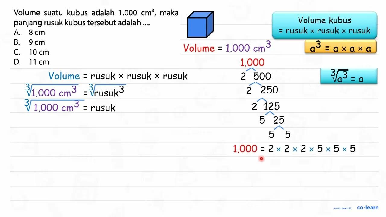 Volume suatu kubus adalah 1.000 cm^3, maka panjang rusuk