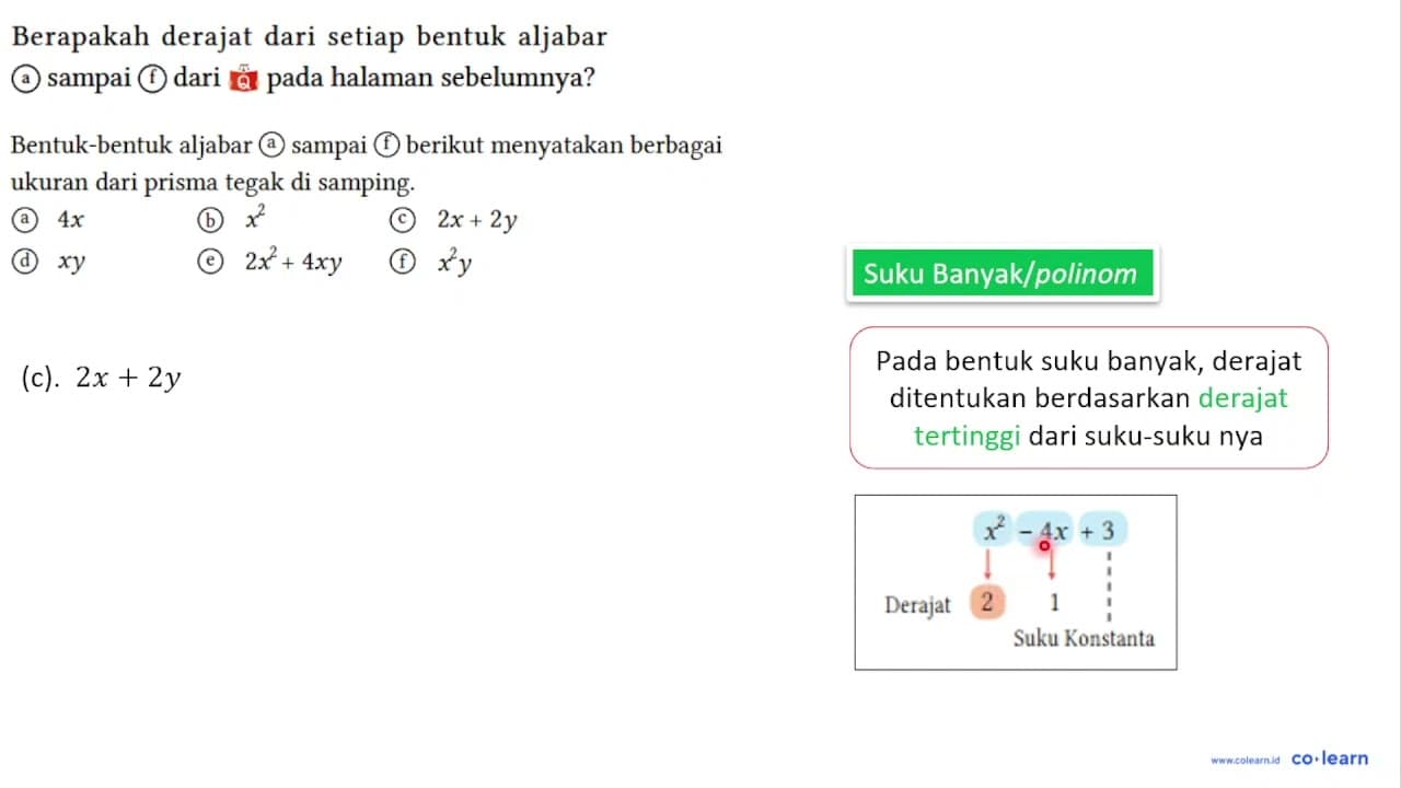 Berapakah derajat dari setiap bentuk aljabar (a) sampai (f)