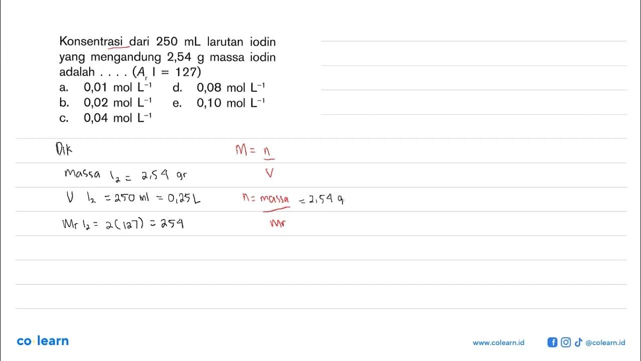 Konsentrasi dari 250 mL larutan iodin yang mengandung 2,54