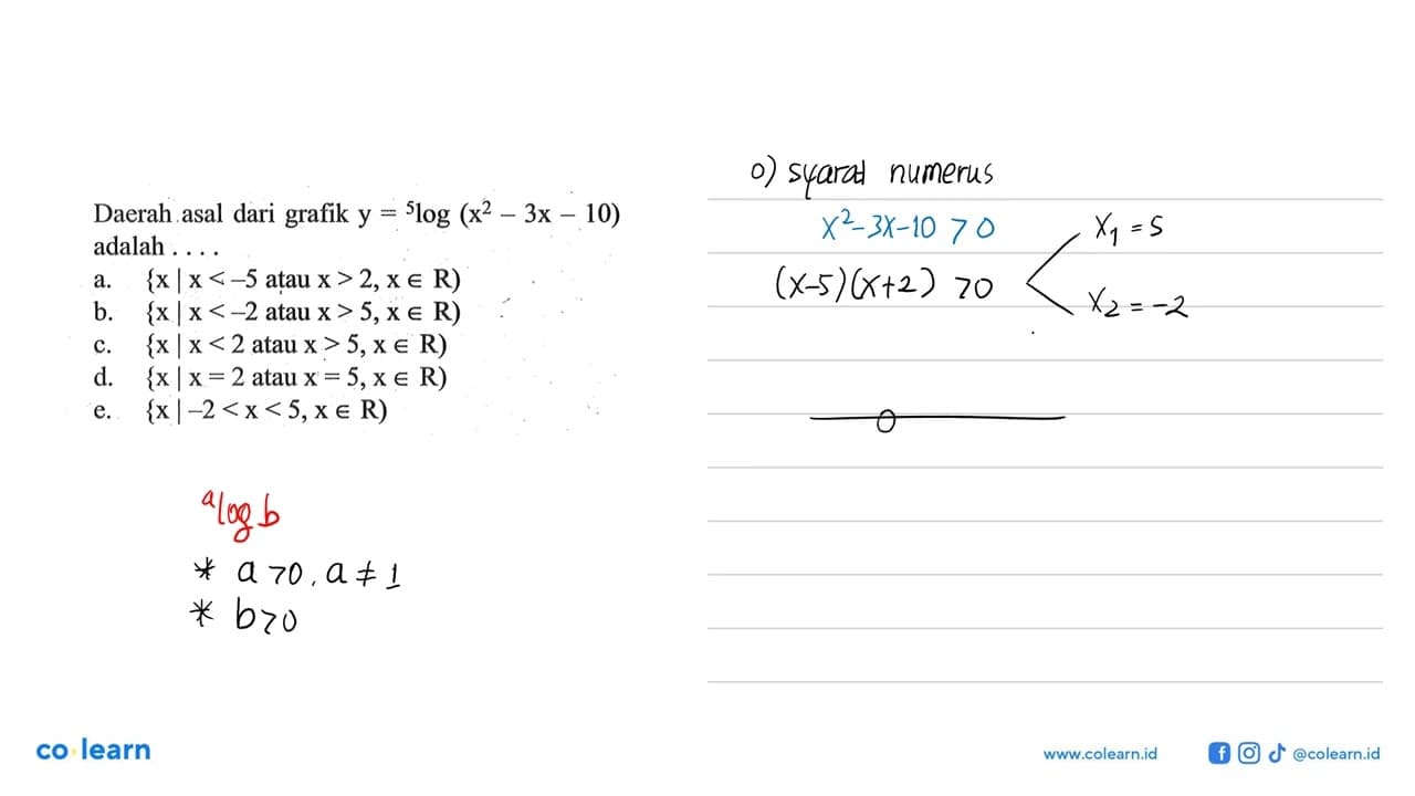 Daerah asal grafik y = 5log(x^2 -3x - 10) adalah .... a. {x