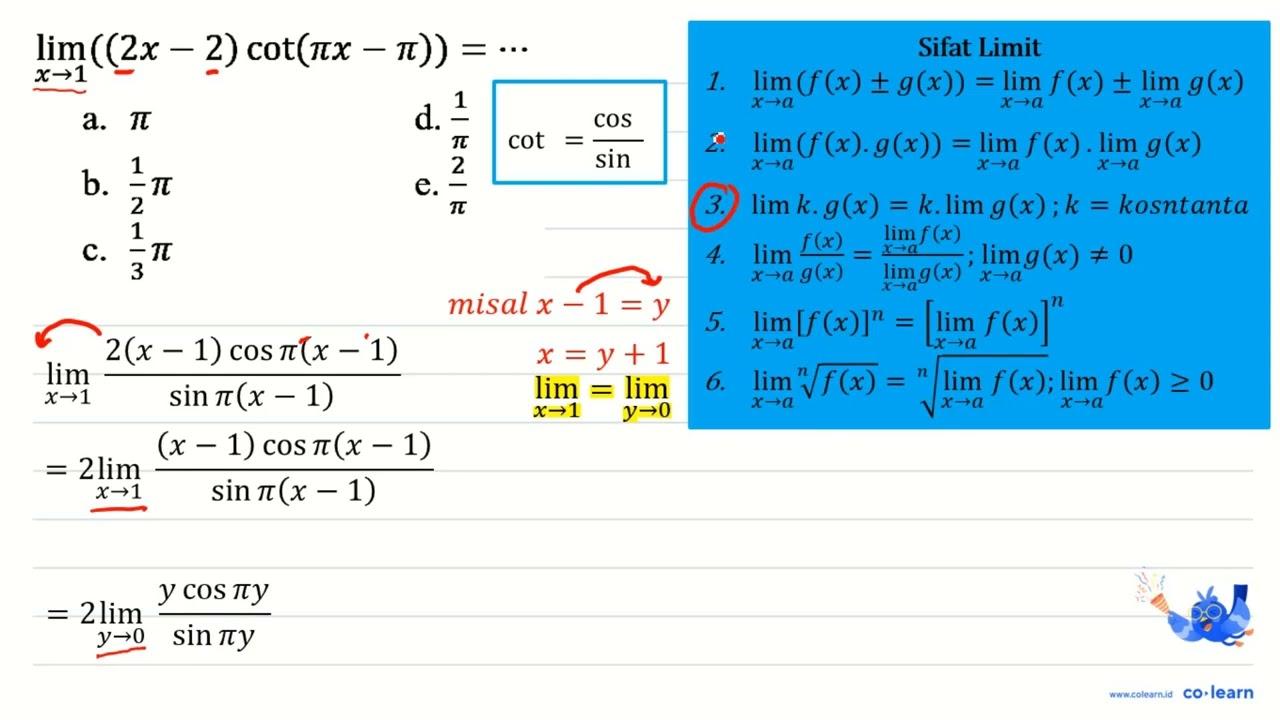 limit x-> 1 ((2x-2) cot (pi x-pi))=..