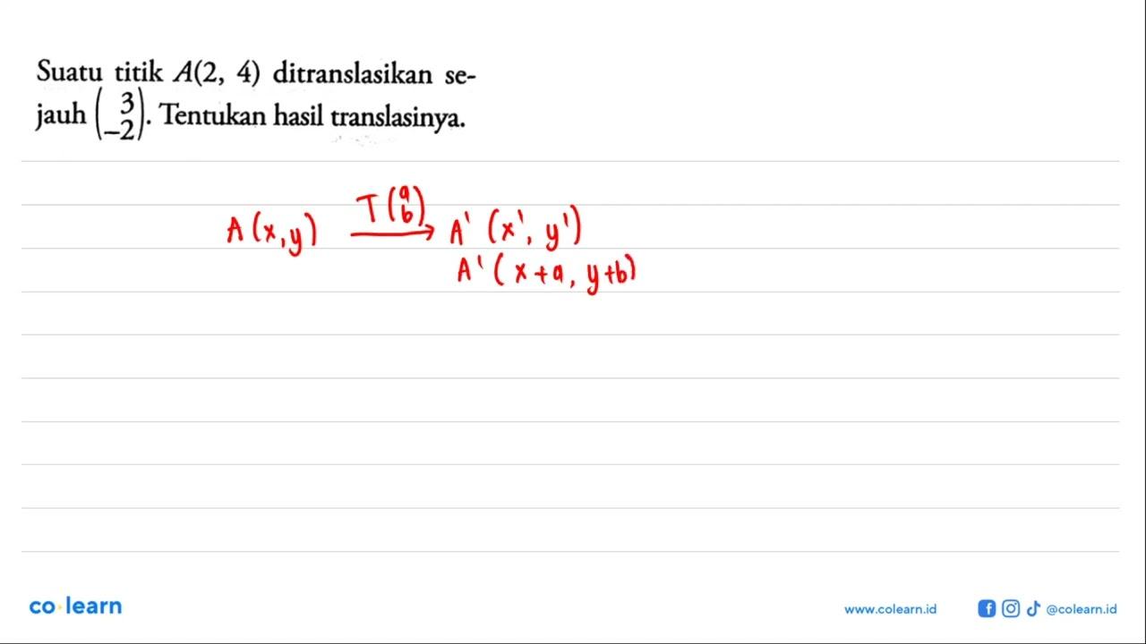 Suatu titik A(2,4) ditranslasikan sejauh (3 -2) . Tentukan