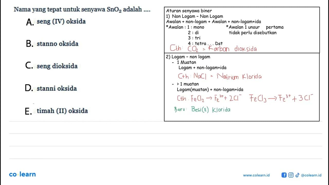 Nama yang tepat untuk senyawa SnO2 adalah .....