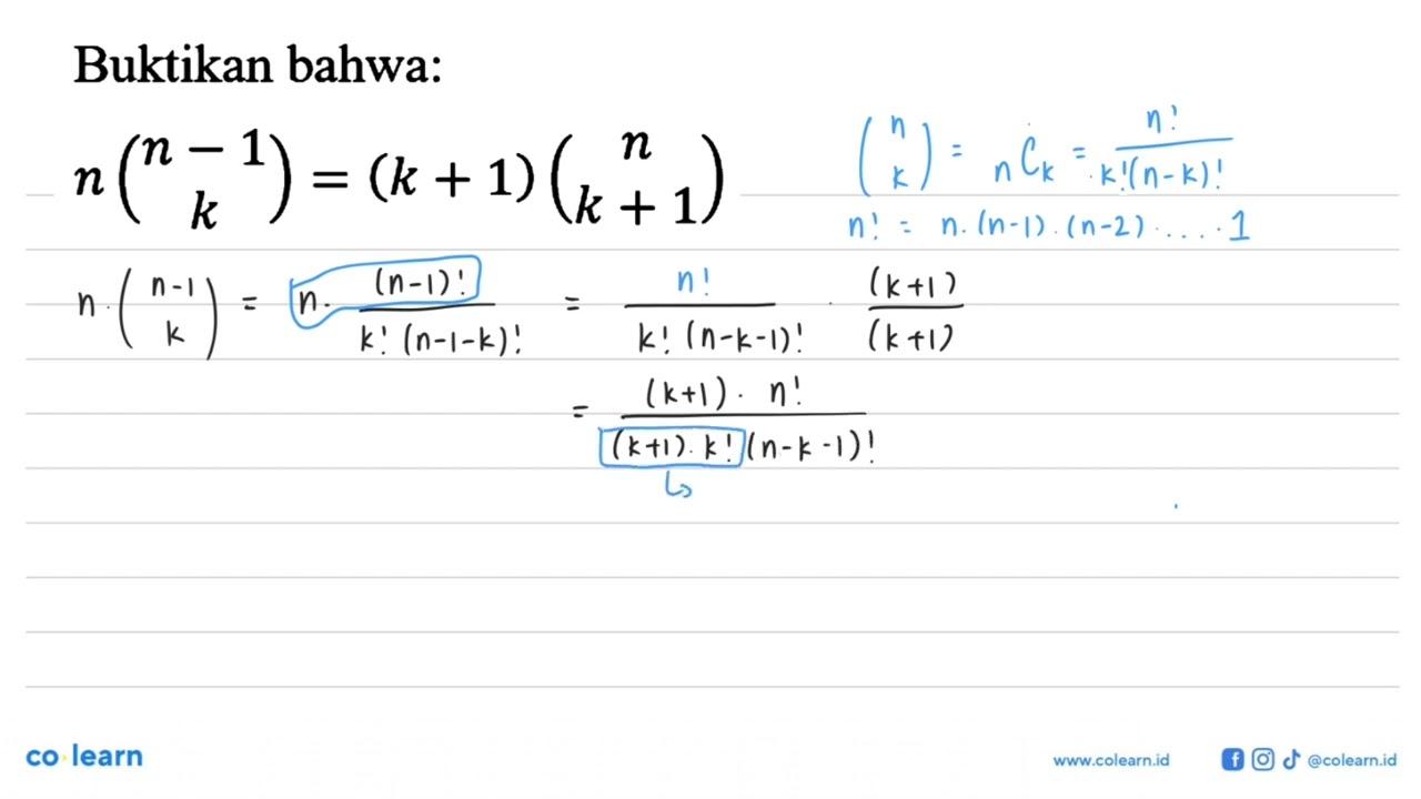 Buktikan bahwa: n(n-1 k)=(k+1)(n k+1) >phi rho delta<