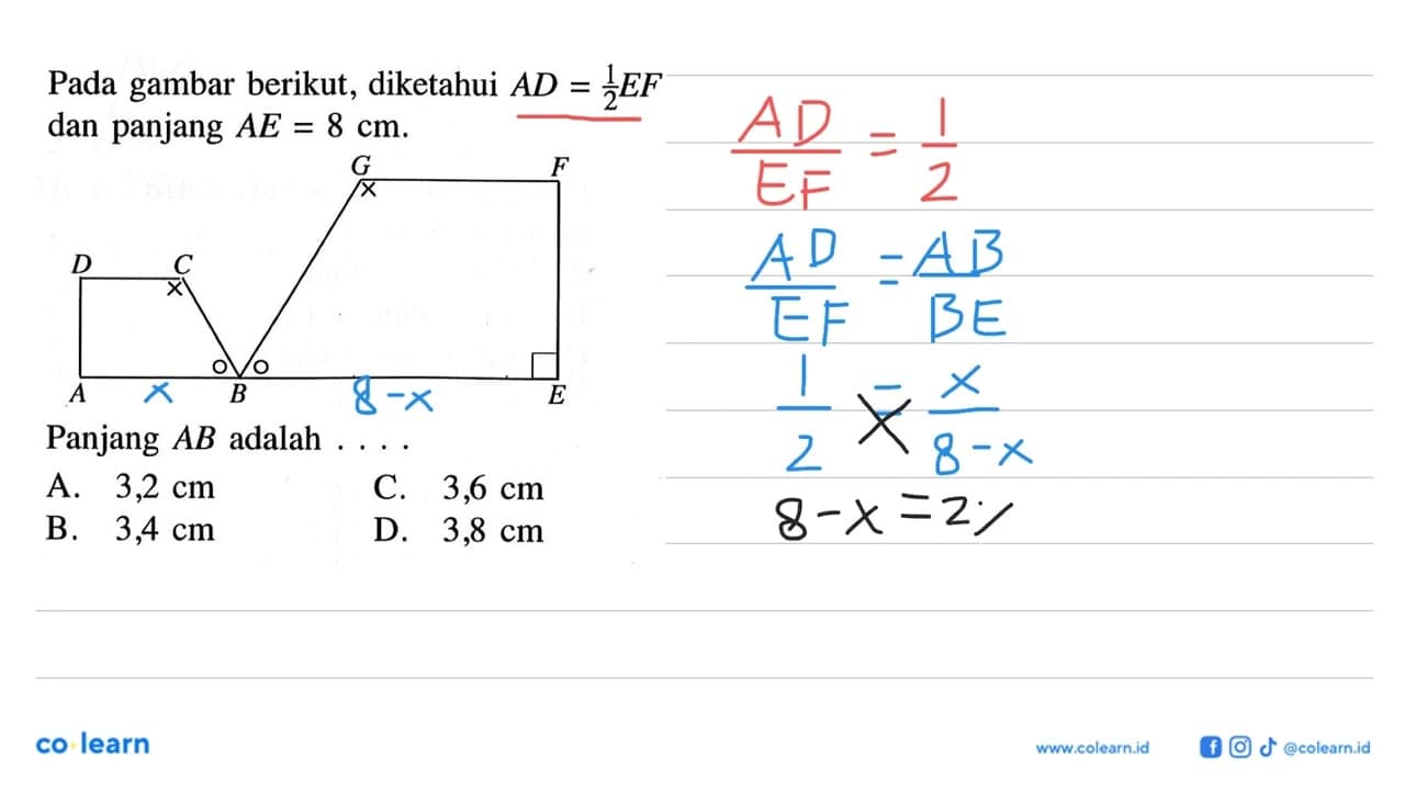 Pada gambar berikut, diketahui AD=1/2 EF dan panjang AE=8