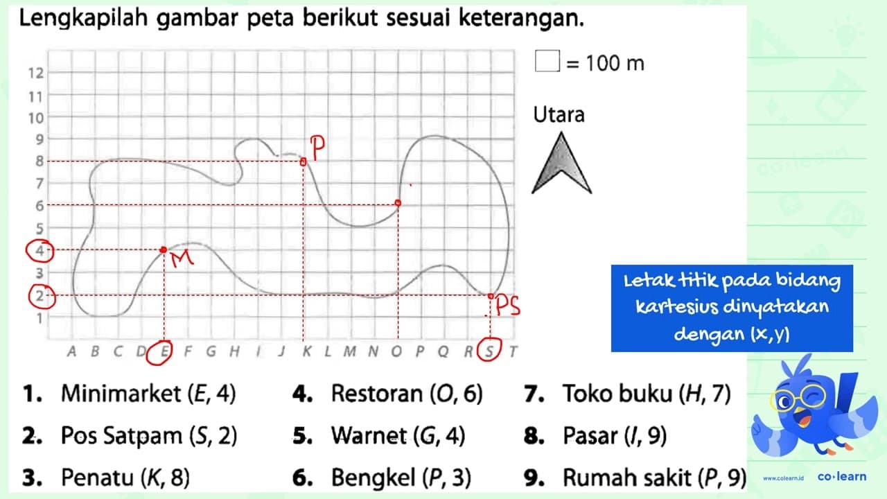 Lengkapilah gambar peta berikut sesuai keterangan; 100 m