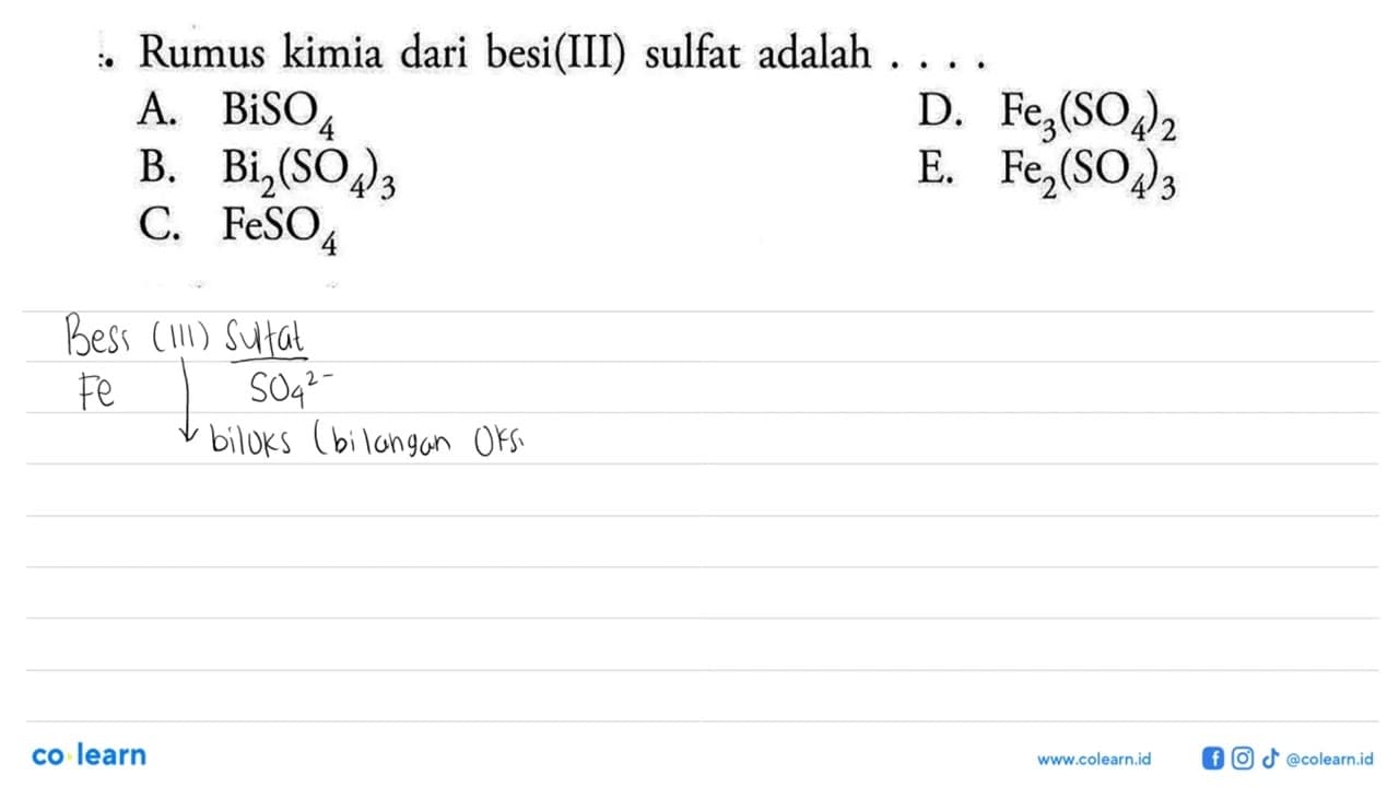 Rumus kimia dari besi(III) sulfat adalah....