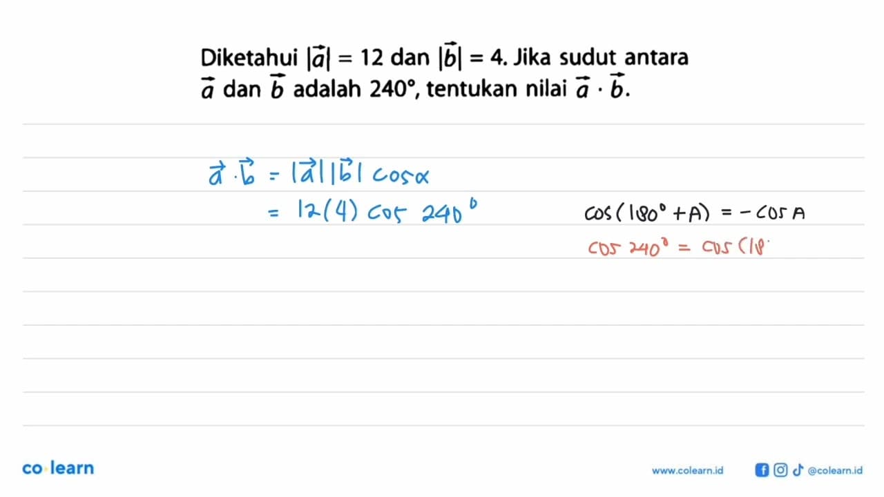 Diketahui |a|=12 dan |b|=4. Jika sudut antara a dan b