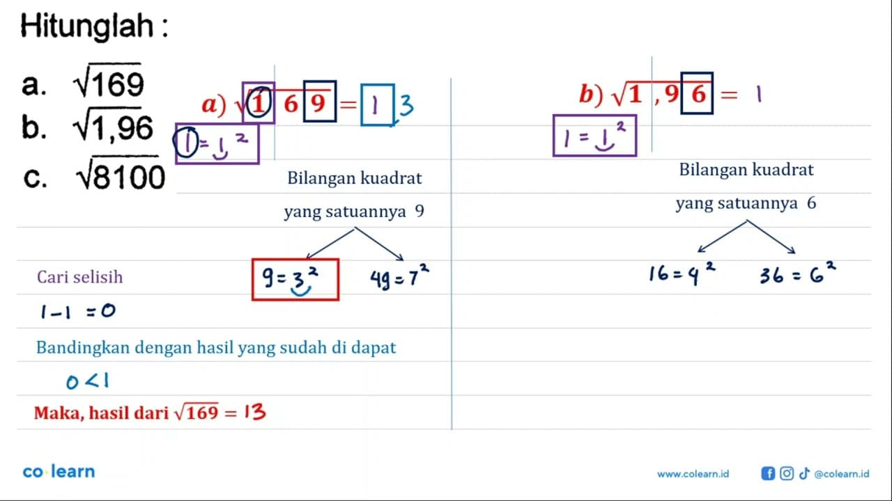 Hitunglah: a. akar(169) b. akar(1,96) c. akar(8100)