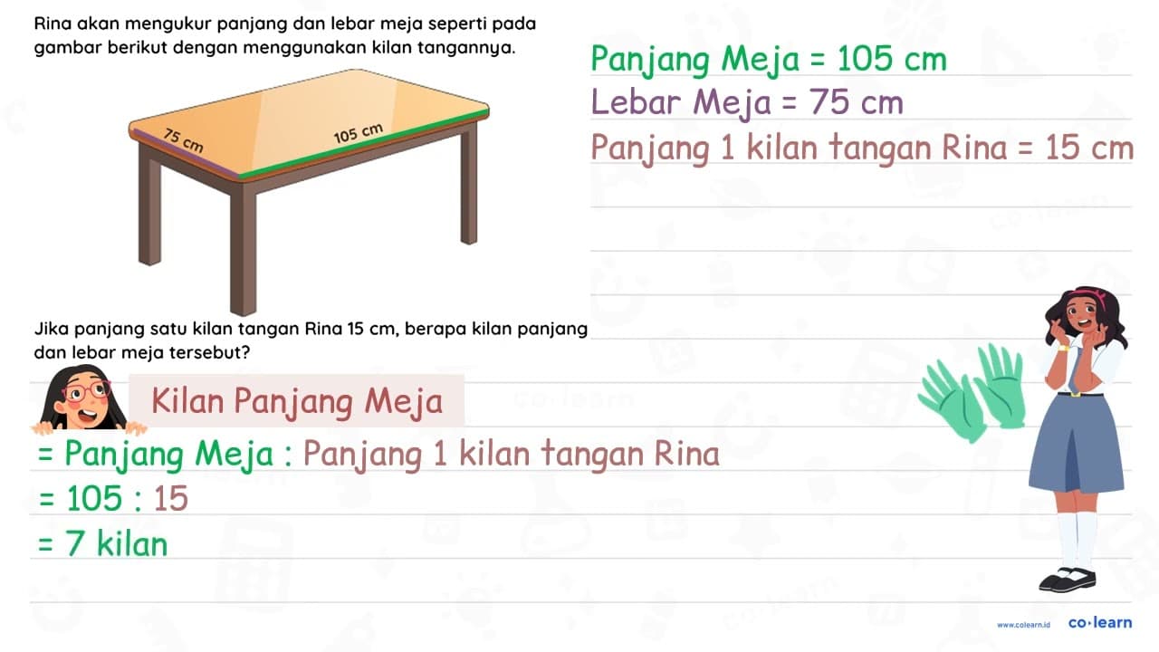 Rina akan mengukur panjang dan lebar meja seperti pada