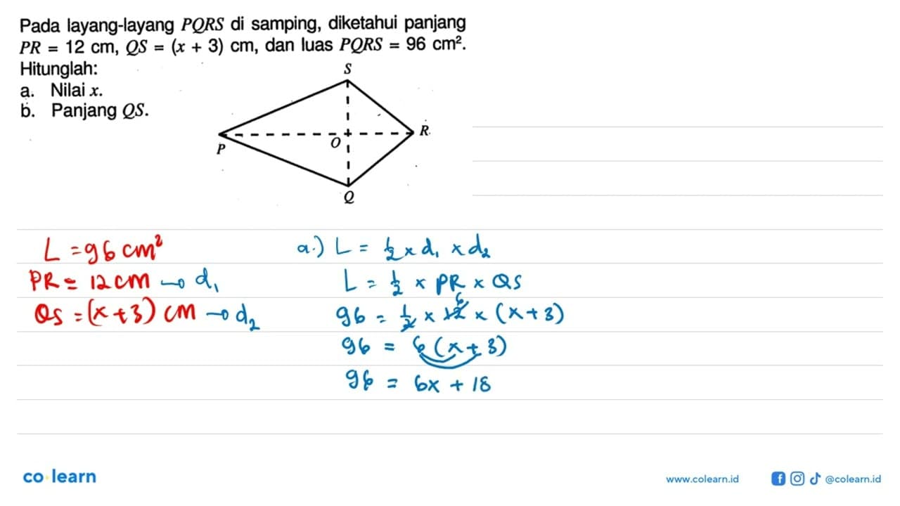 Pada layang-layang PQRS di samping, diketahui panjang PR=12