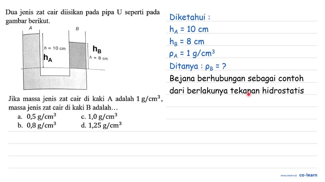 Dua jenis zat cair diisikan pada pipa U seperti pada gambar