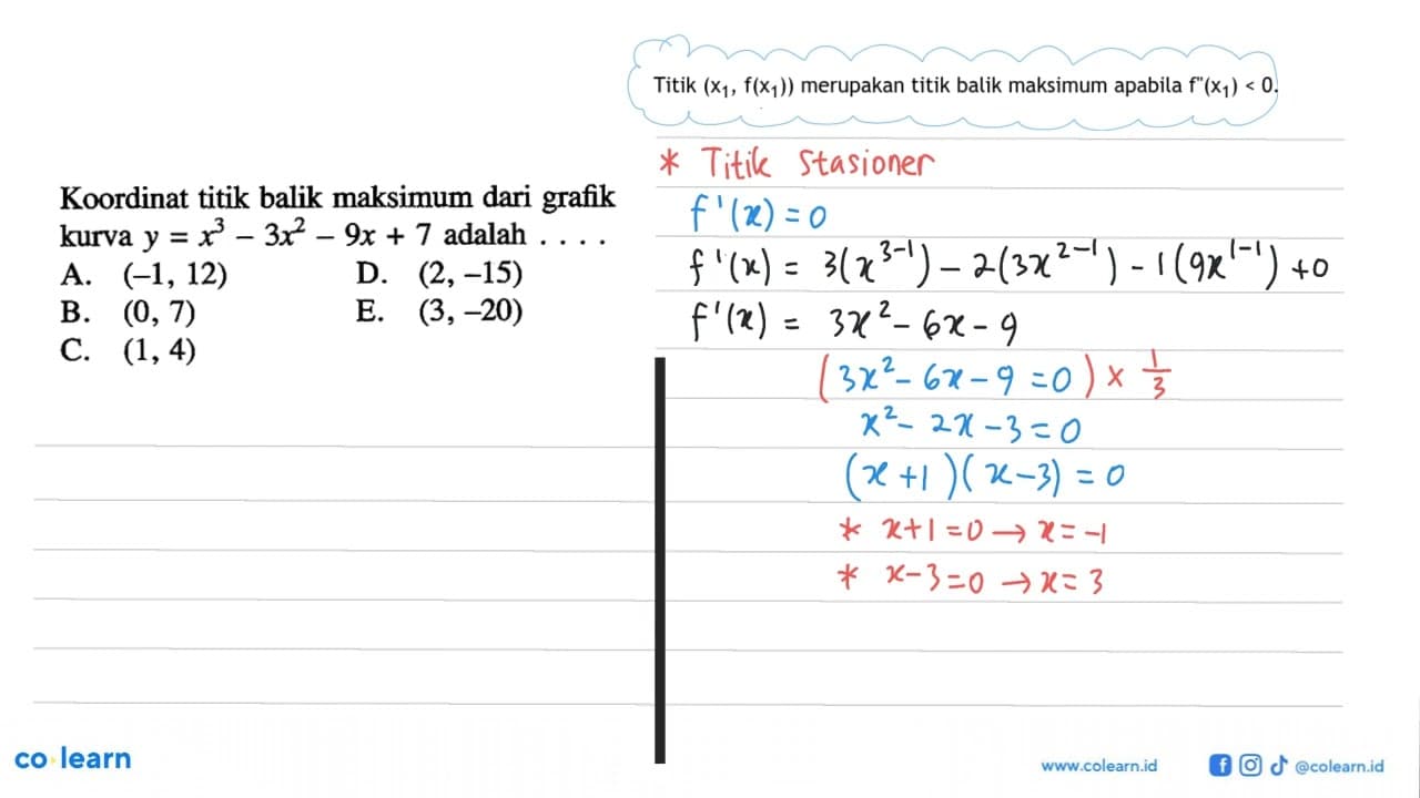 Koordinat titik balik maksimum dari grafik kurva y=x^3 -