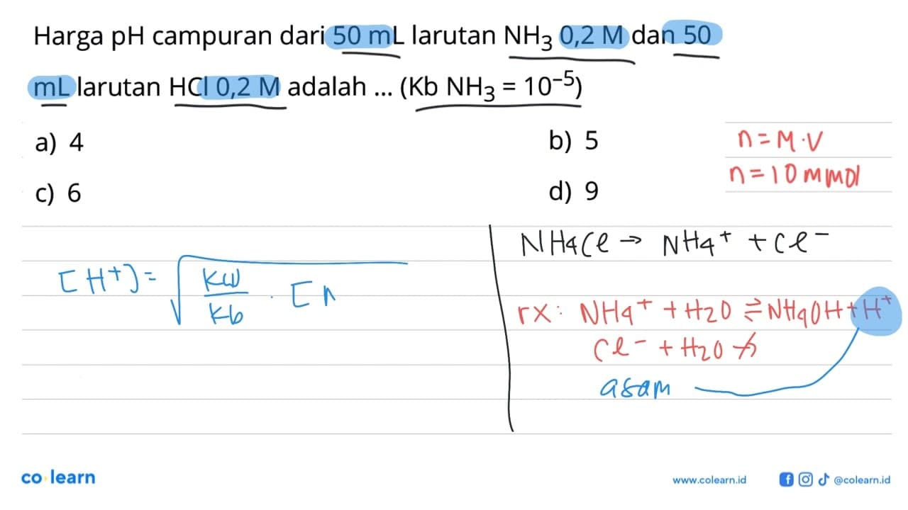 Harga pH campuran dari 50 mL larutan NH3 0,2 M dan 50 mL