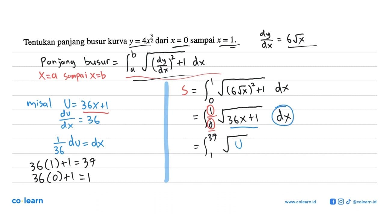 Tentukan panjang busur kurva y=4x^3/2 dari x=0 sampai x=1.