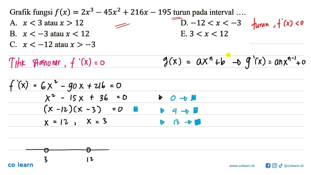 Grafik fungsi f(x)=2x^3-45x^2+216x-195 turun pada interval