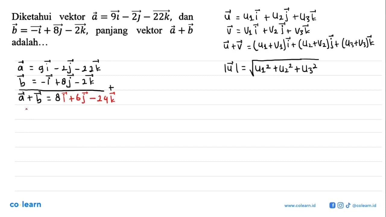 Diketahui vektor a=9i-2j-22k, dan b=i+8j-2k, panjang vektor
