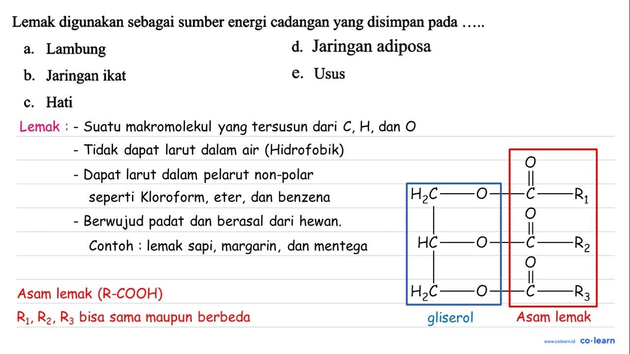 Lemak digunakan sebagai sumber energi cadangan yang