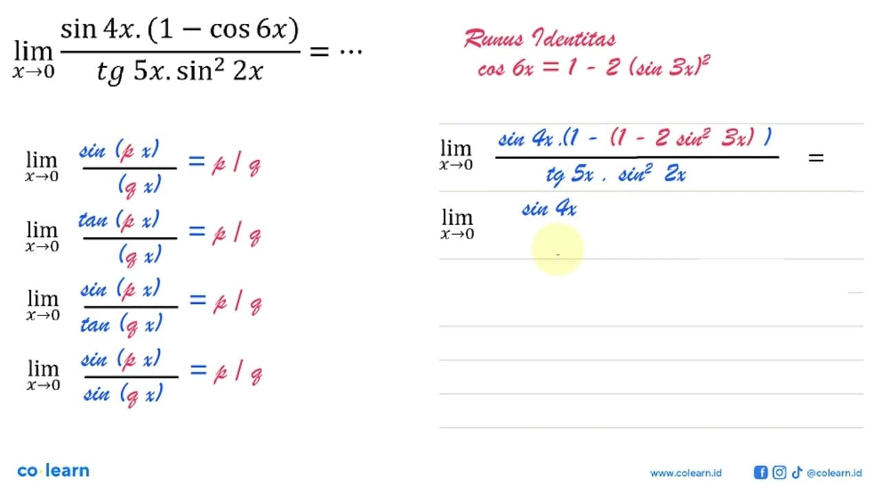 lim x->0 (sin 4x.(1-cos 6x))/(tg 5x.sin^2 2x)=...