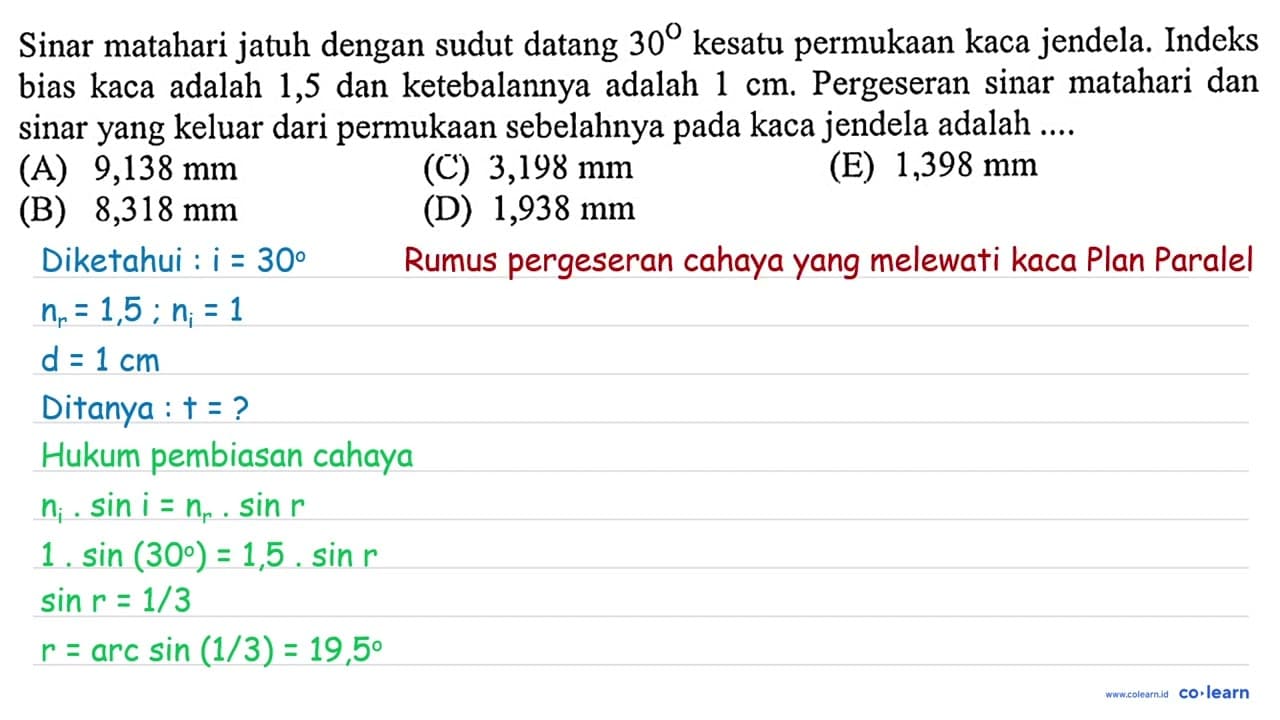 Sinar matahari jatuh dengan sudut datang 30 kesatu