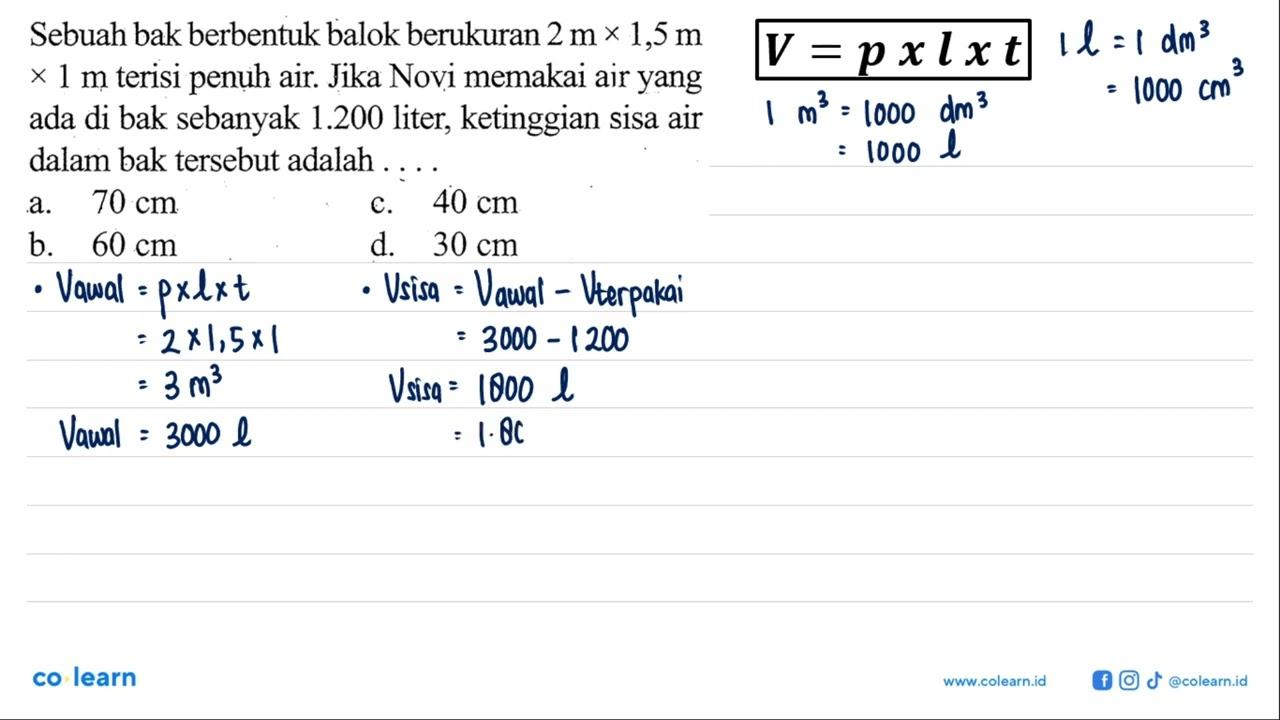 Sebuah bak berbentuk balok berukuran 2 m x 1,5 m x 1 m