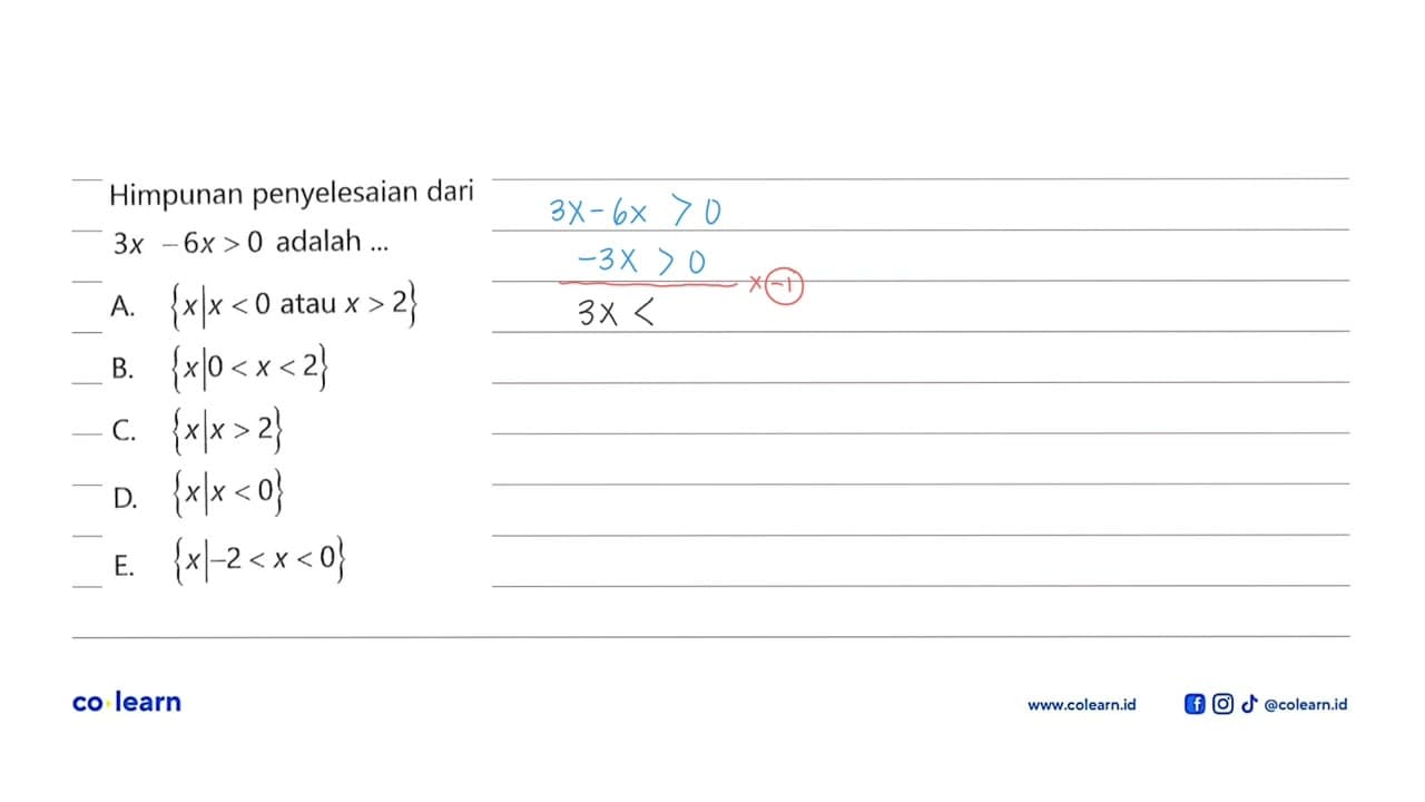 Himpunan penyelesaian dari 3x-6x>0 adalah .....