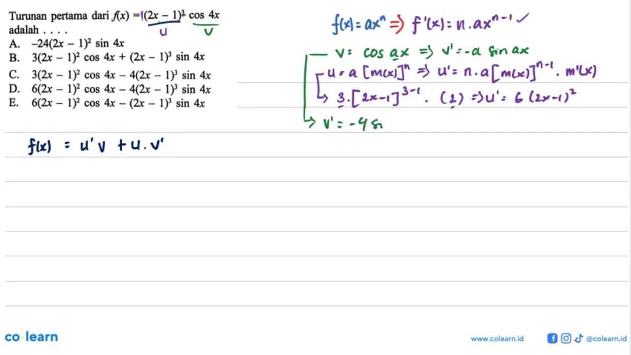 Turunan pertama dari f(x)=(2x-1)^3 cos 4x adalah ....