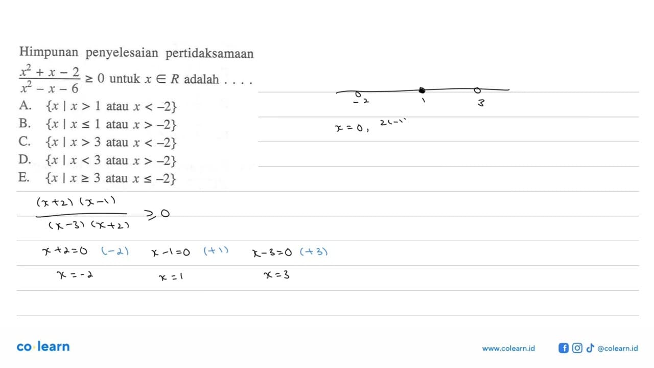 Himpunan penyelesaian pertidaksamaan (x^2+x+2)/(x^2-x-6)>=0