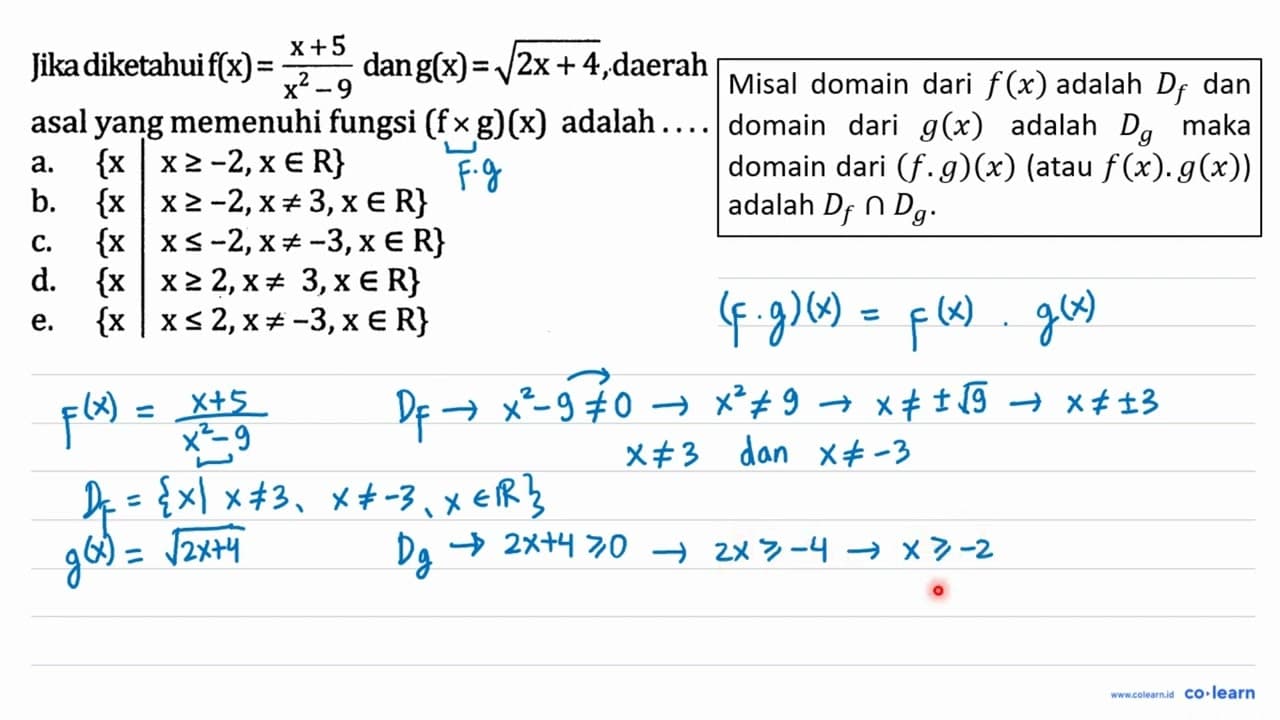 Jikadiketahui f(x)=(x+5)/(x^(2)-9) dang (x)=akar(2 x+4) ,