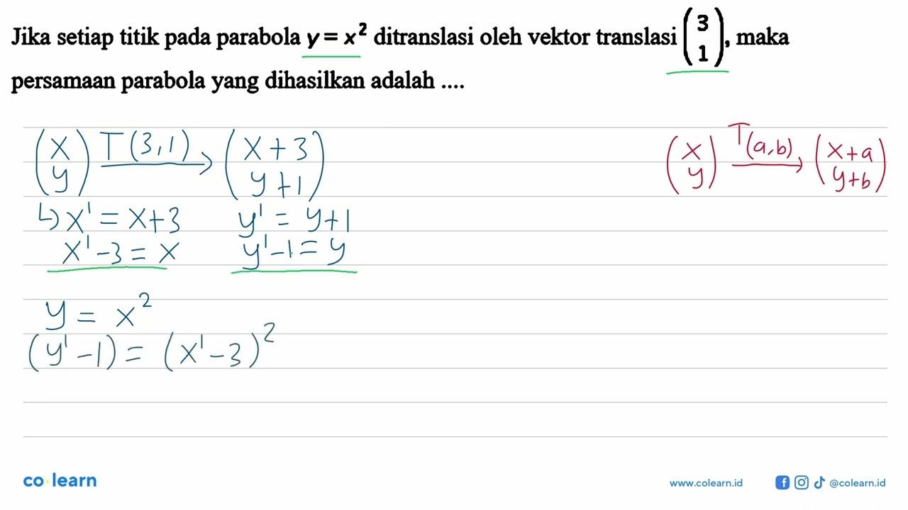 Jika setiap titik pada parabola y=x^2 ditranslasi oleh