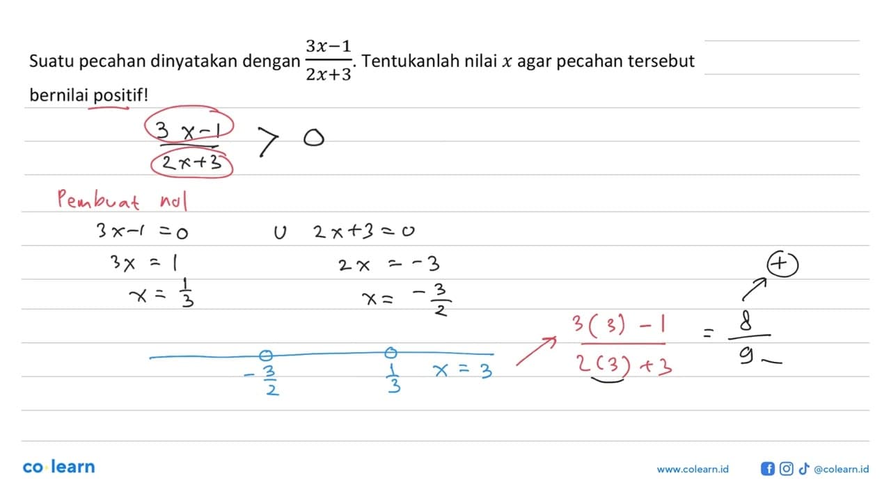 Suatu pecahan dinyatakan dengan (3x-1)/(2x+3) . Tentukanlah