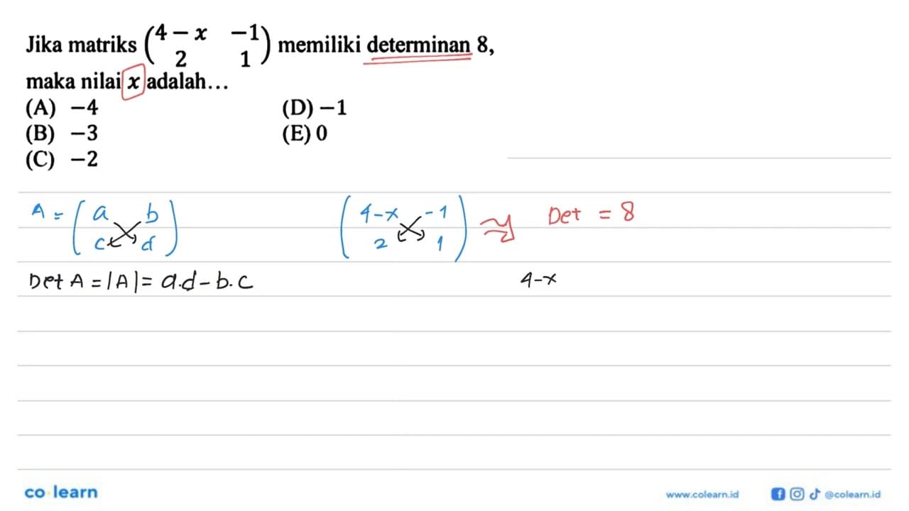 Jika matriks (4-x -1 2 1) memiliki determinan 8, maka nilai