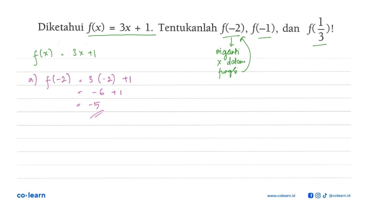 Diketahui f(x) = 3x + 1 Tentukanlah f(-2) , f(-1) , dan