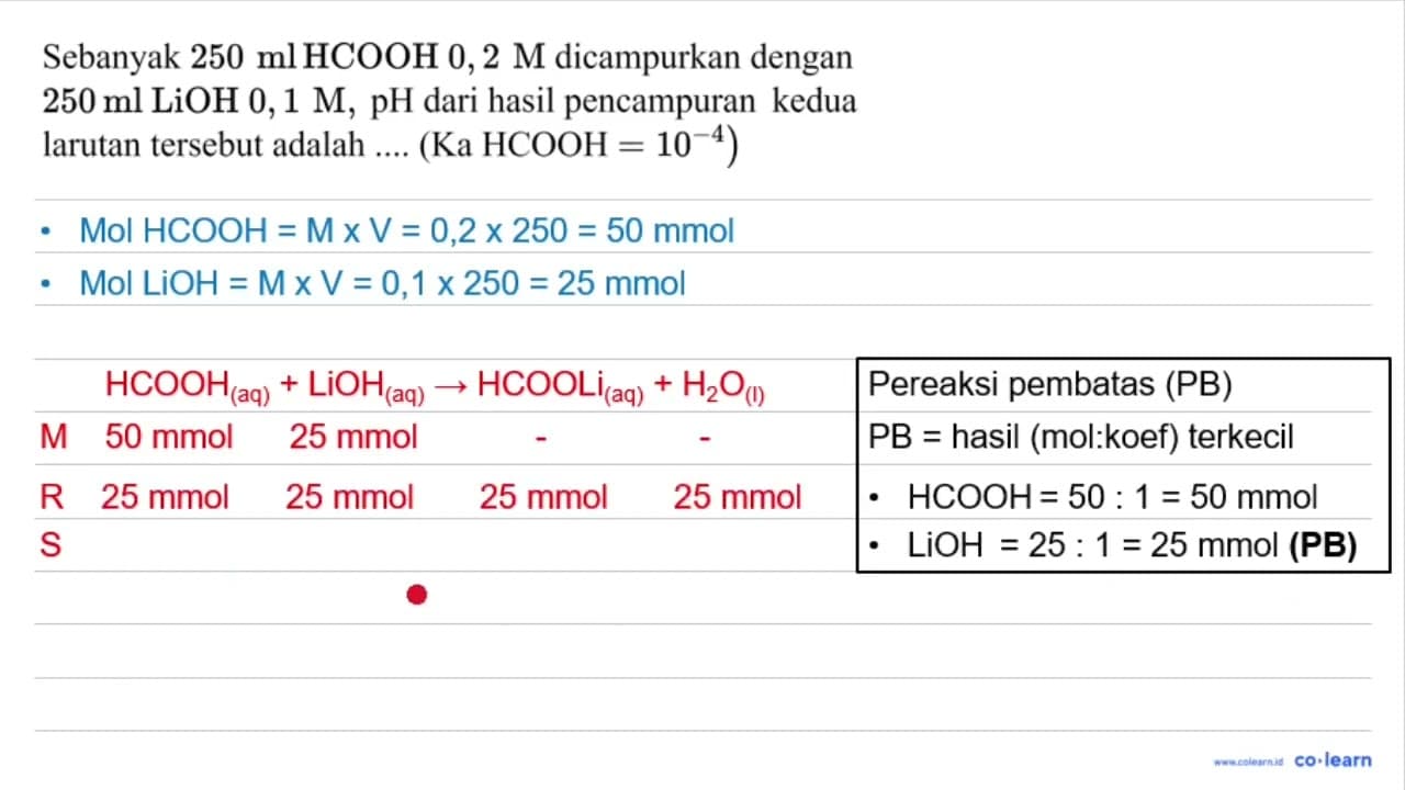 Sebanyak 250 mlHCOOH 0,2) M dicampurkan dengan 250 ml LiOH