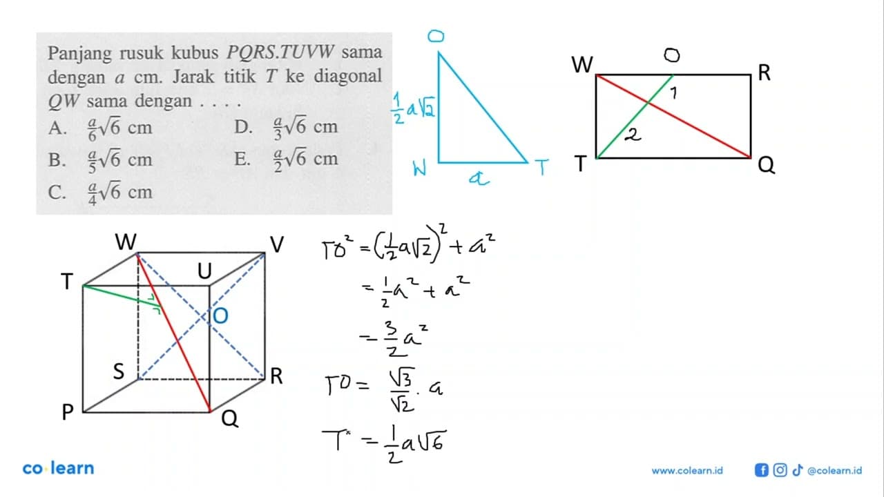 Panjang rusuk kubus PQRS.TUVW sama dengan a cm. Jarak titik
